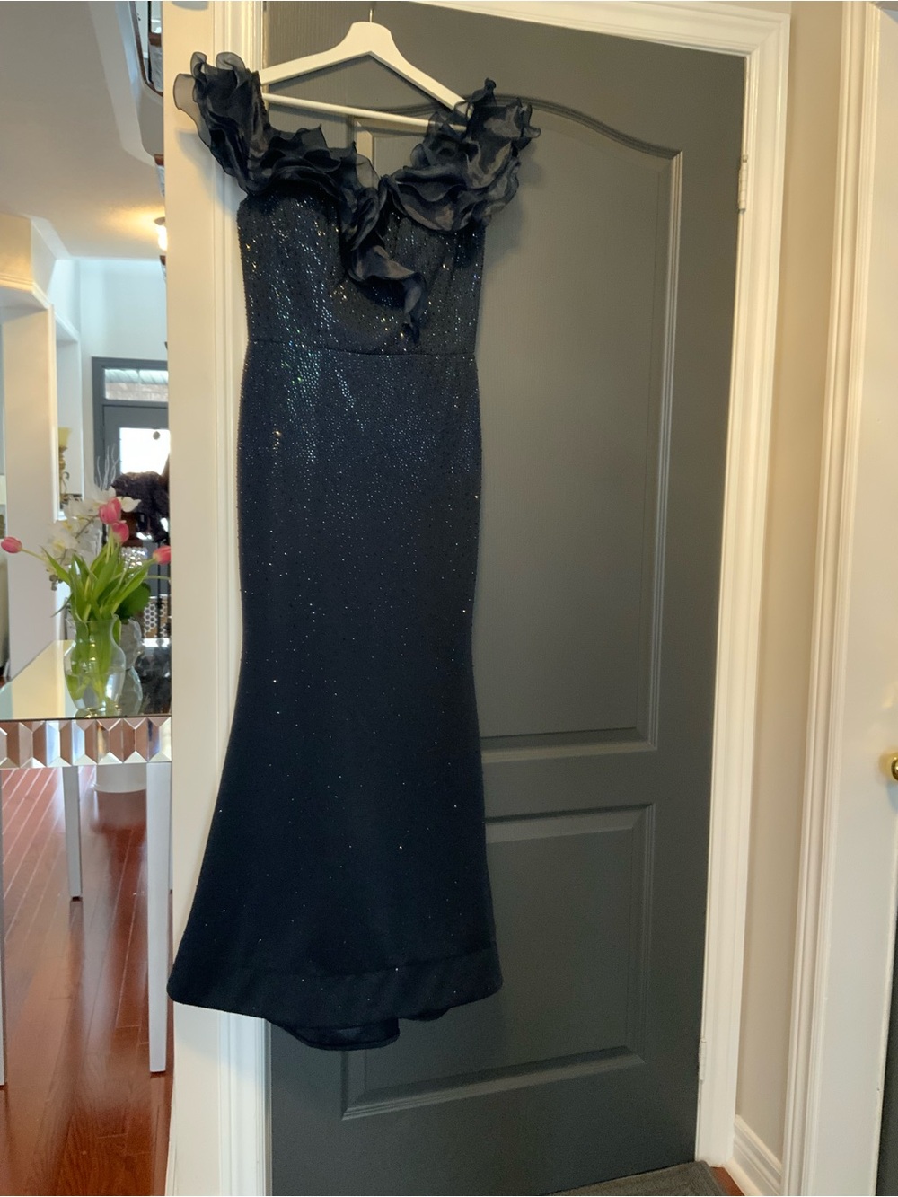Montage by Mon Cheri Navy blue Strapless Ruffle Evening Gown